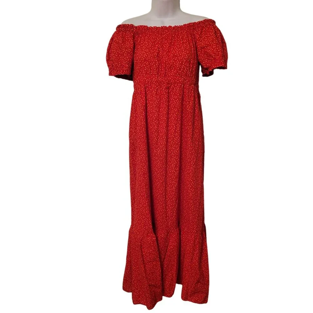 Vintage Red Calico Floral Puff Sleeve Maxi Dress Modest Prairie Western Cottagec